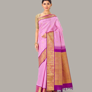 Baby Pink Handloom Kanchipuram Korvai Silk Saree With Zari Buttas
