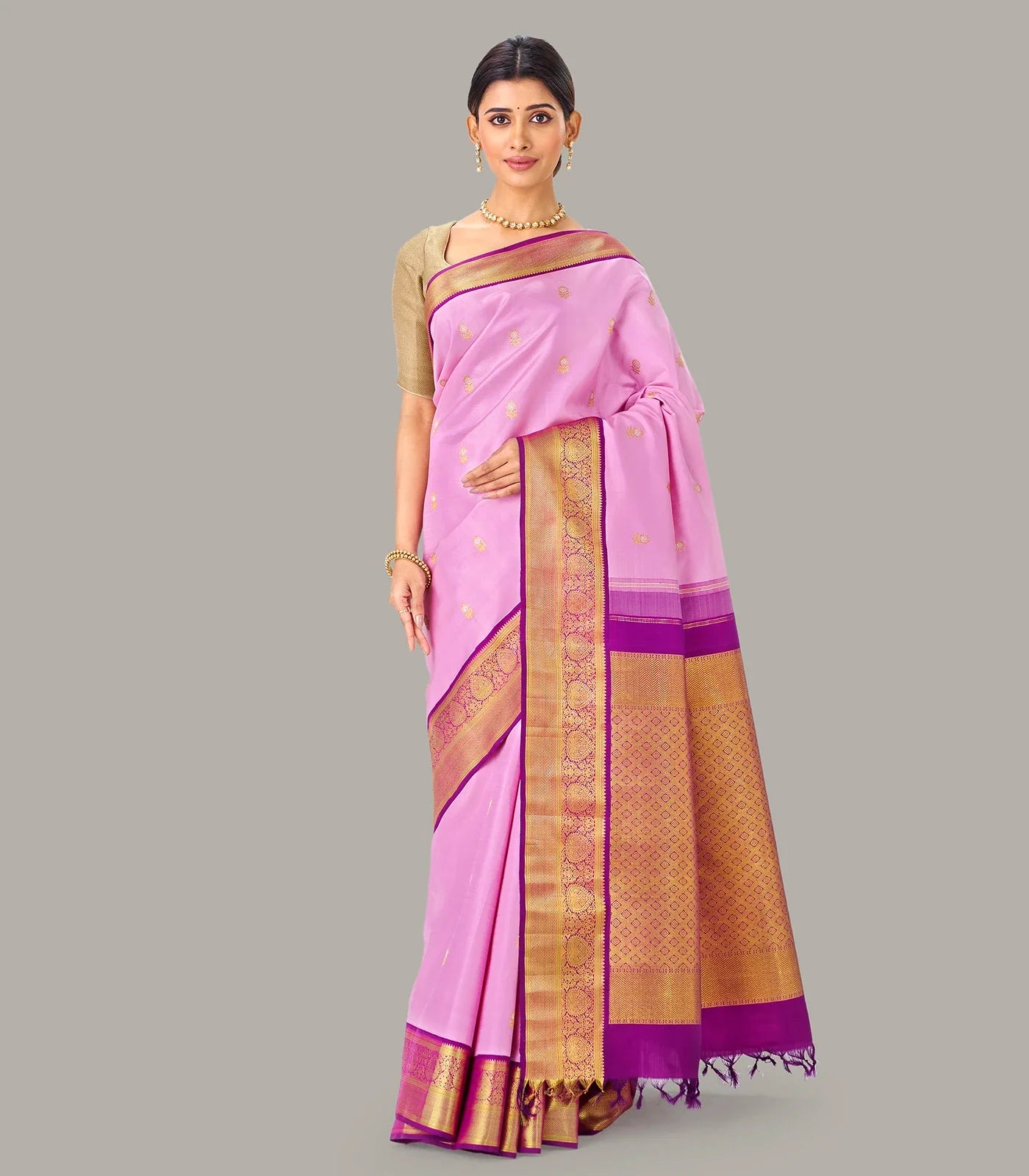 Baby Pink Handloom Kanchipuram Korvai Silk Saree With Zari Buttas