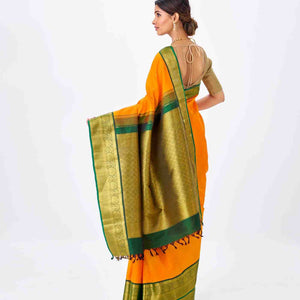 Mango Yellow Handloom Kanchipuram Korvai Silk Saree With Green Border-Mango Yellow