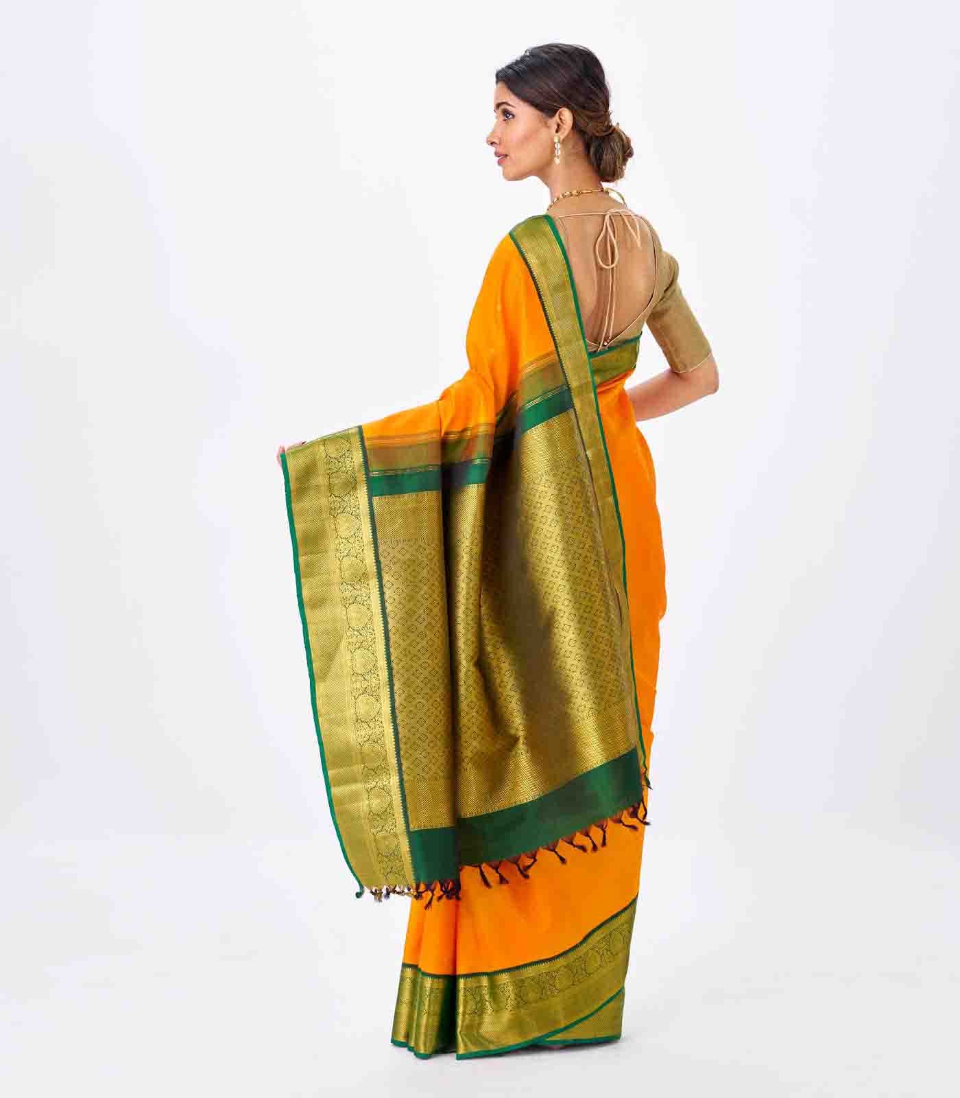 Mango Yellow Handloom Kanchipuram Korvai Silk Saree With Green Border-Mango Yellow