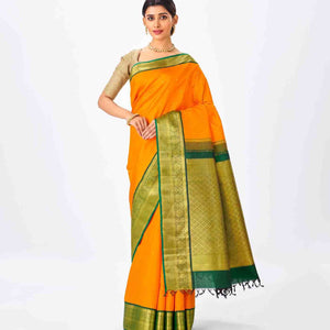 Mango Yellow Handloom Kanchipuram Korvai Silk Saree With Green Border-Mango Yellow