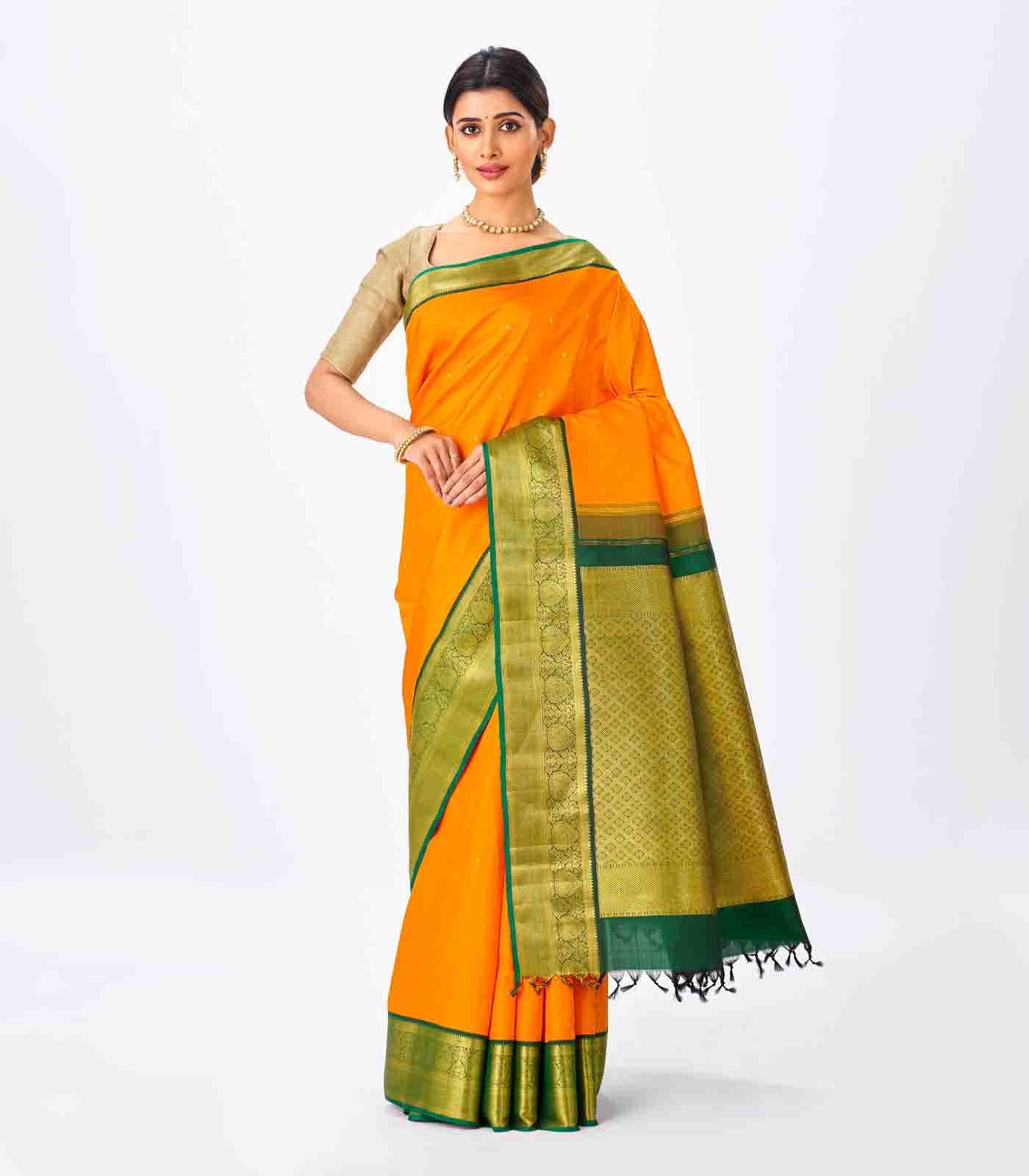 Mango Yellow Handloom Kanchipuram Korvai Silk Saree With Green Border-Mango Yellow