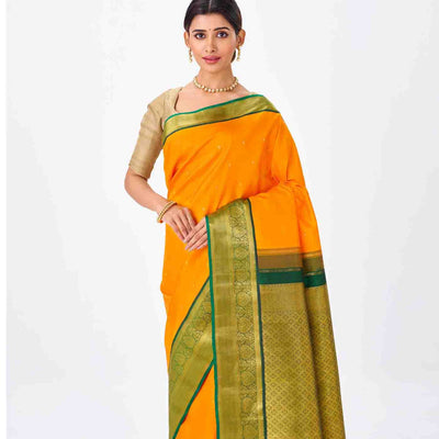 Mango Yellow Handloom Kanchipuram Korvai Silk Saree With Green Border-Mango Yellow