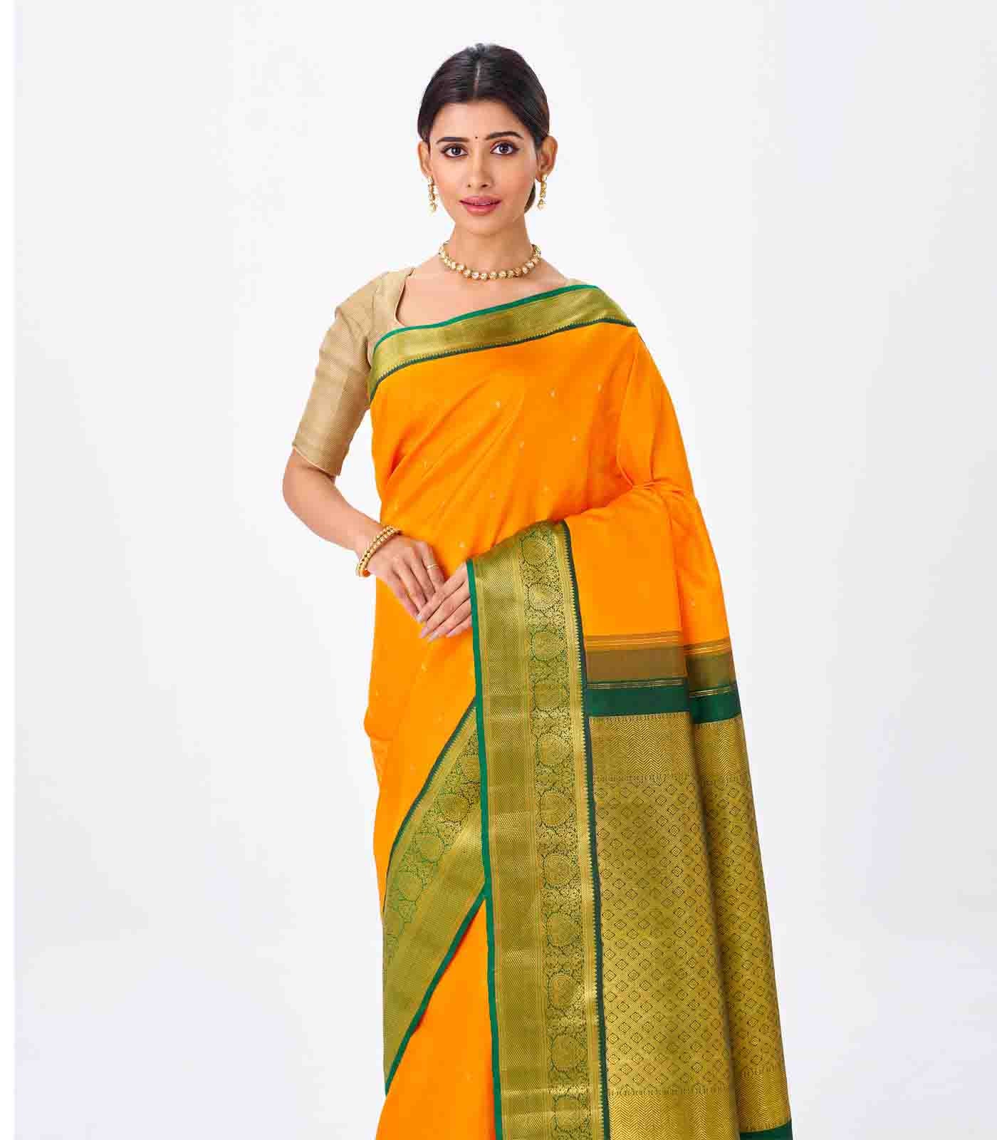 Mango Yellow Handloom Kanchipuram Korvai Silk Saree With Green Border-Mango Yellow