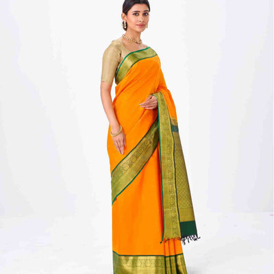 Mango Yellow Handloom Kanchipuram Korvai Silk Saree With Green Border-Mango Yellow