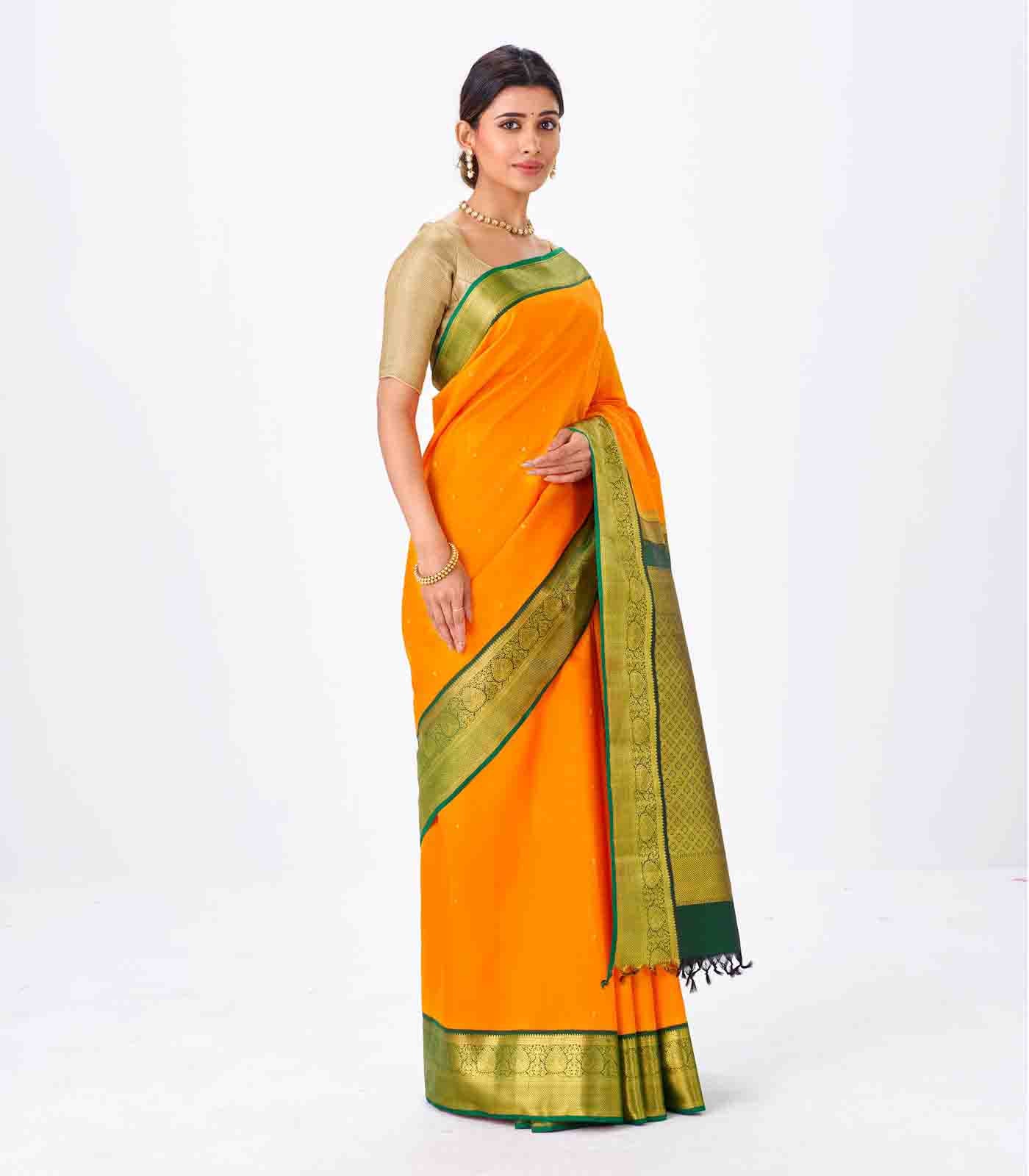 Mango Yellow Handloom Kanchipuram Korvai Silk Saree With Green Border-Mango Yellow
