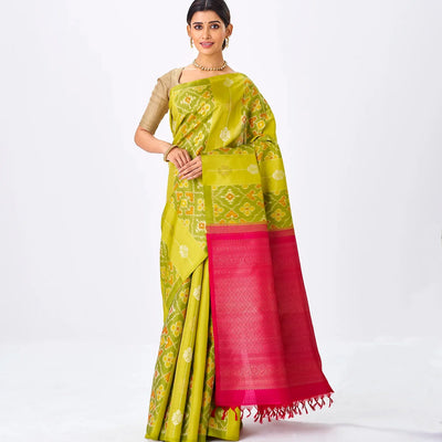 Sage Green Handloom Kanchipuram Silk Saree With Tie & Dye Motifs