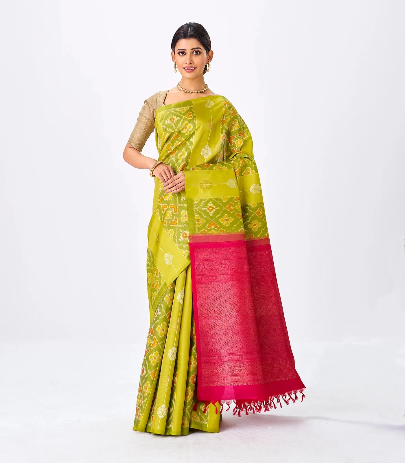 Sage Green Handloom Kanchipuram Silk Saree With Tie & Dye Motifs