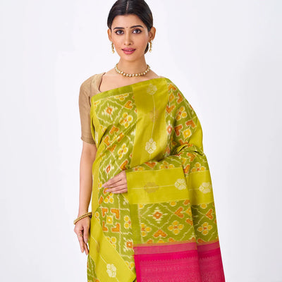 Sage Green Handloom Kanchipuram Silk Saree With Tie & Dye Motifs