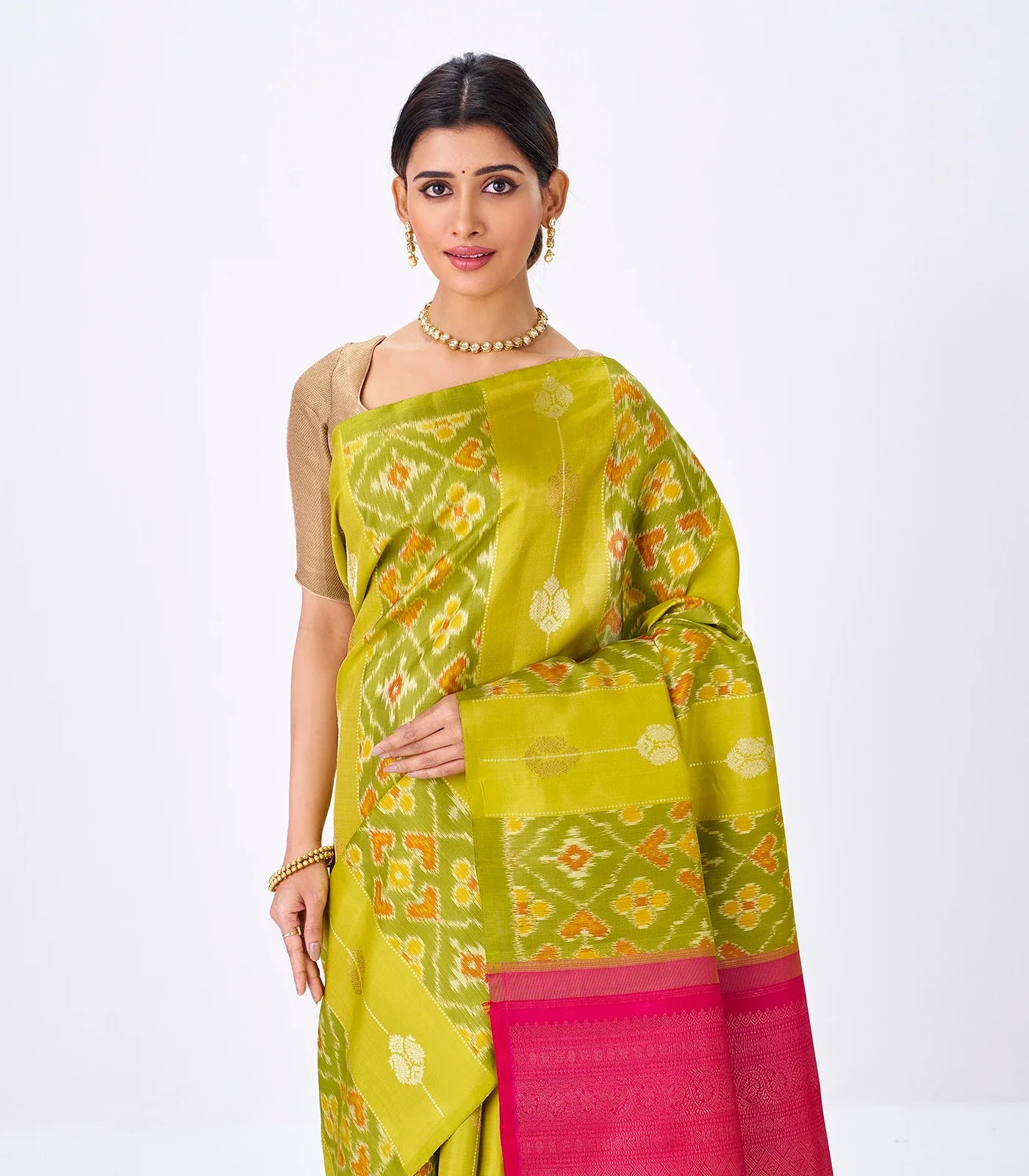 Sage Green Handloom Kanchipuram Silk Saree With Tie & Dye Motifs