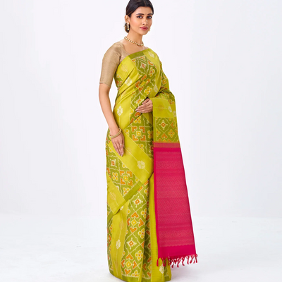 Sage Green Handloom Kanchipuram Silk Saree With Tie & Dye Motifs