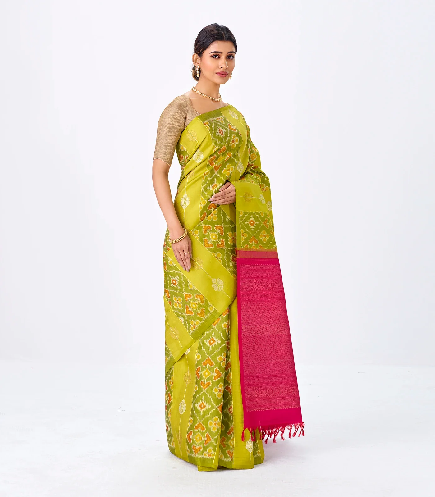 Sage Green Handloom Kanchipuram Silk Saree With Tie & Dye Motifs