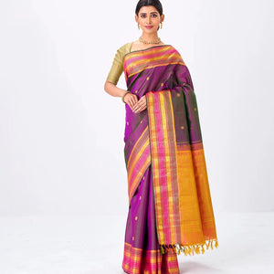 Magenta Handloom Kanchipuram Silk Saree With Zari Buttas