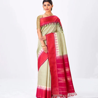 Off White Handloom Kanchipuram Korvai Silk Saree With Checks-Off White