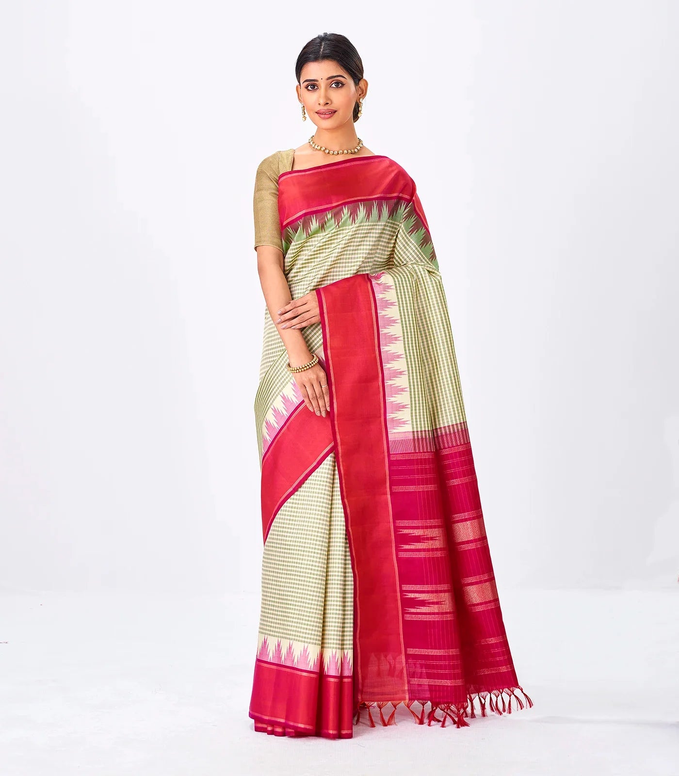 Off White Handloom Kanchipuram Korvai Silk Saree With Checks-Off White