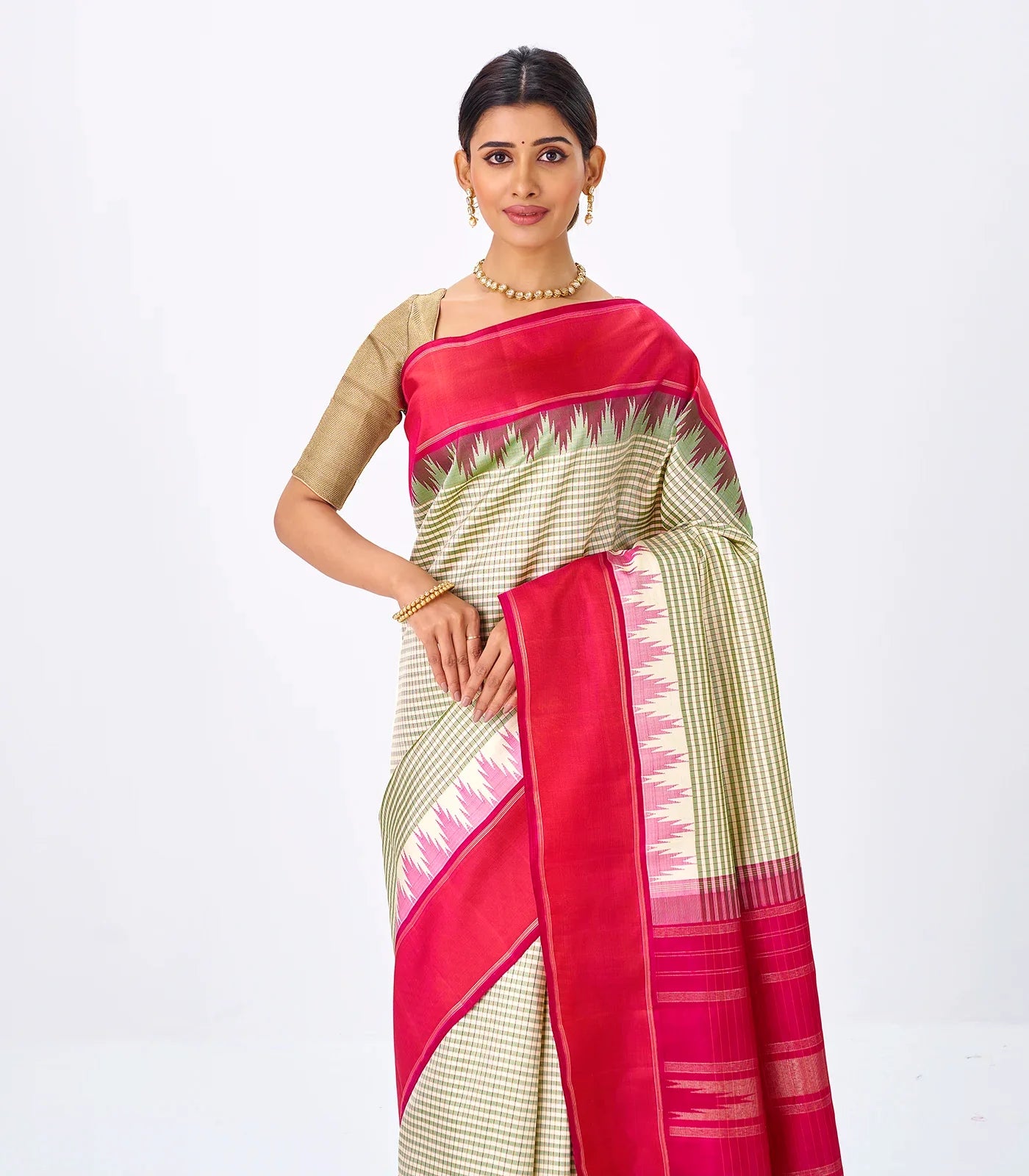 Off White Handloom Kanchipuram Korvai Silk Saree With Checks-Off White