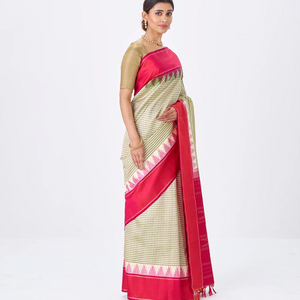 Off White Handloom Kanchipuram Korvai Silk Saree With Checks-Off White