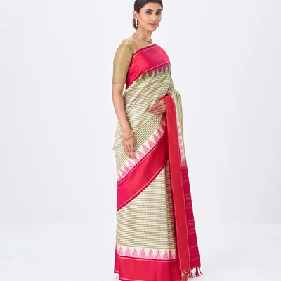Off White Handloom Kanchipuram Korvai Silk Saree With Checks-Off White