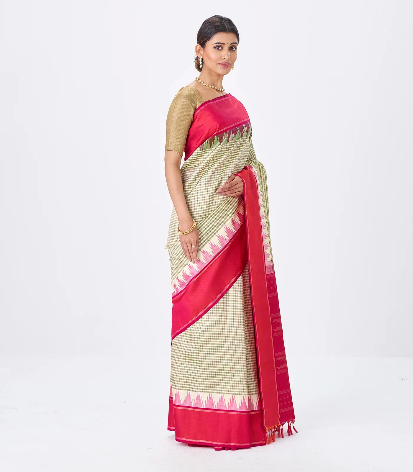 Off White Handloom Kanchipuram Korvai Silk Saree With Checks-Off White