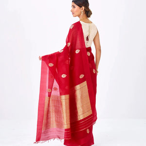 Red Banarasi Organza Silk Saree With Floral Motifs