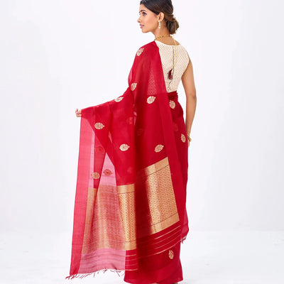 Red Banarasi Organza Silk Saree With Floral Motifs