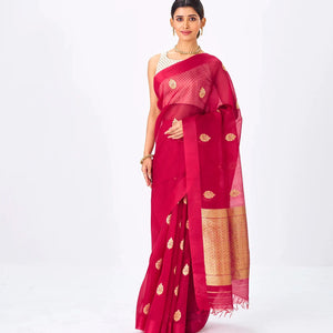 Red Banarasi Organza Silk Saree With Floral Motifs