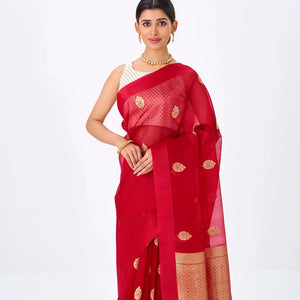 Red Banarasi Organza Silk Saree With Floral Motifs