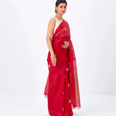 Red Banarasi Organza Silk Saree With Floral Motifs