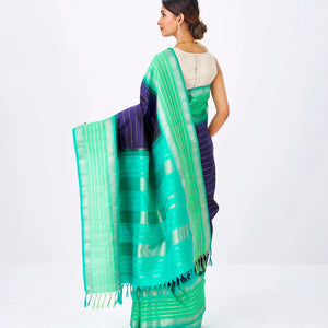 Navy Blue Handloom Kanchipuram Korvai Silk Saree With Bledari Stripes