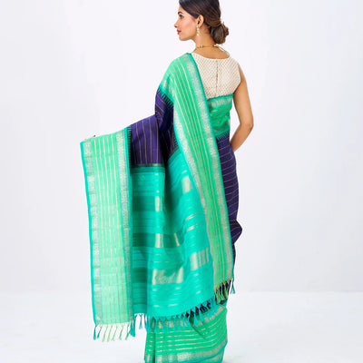 Navy Blue Handloom Kanchipuram Korvai Silk Saree With Bledari Stripes