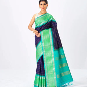 Navy Blue Handloom Kanchipuram Korvai Silk Saree With Bledari Stripes