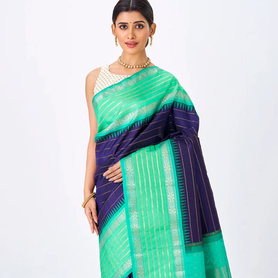 Navy Blue Handloom Kanchipuram Korvai Silk Saree With Bledari Stripes