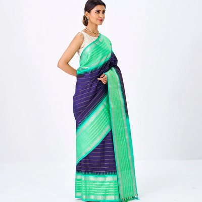 Navy Blue Handloom Kanchipuram Korvai Silk Saree With Bledari Stripes