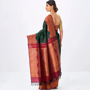 Bottle Green Handloom Kanchipuram Korvai Silk Saree With Zari Stripes