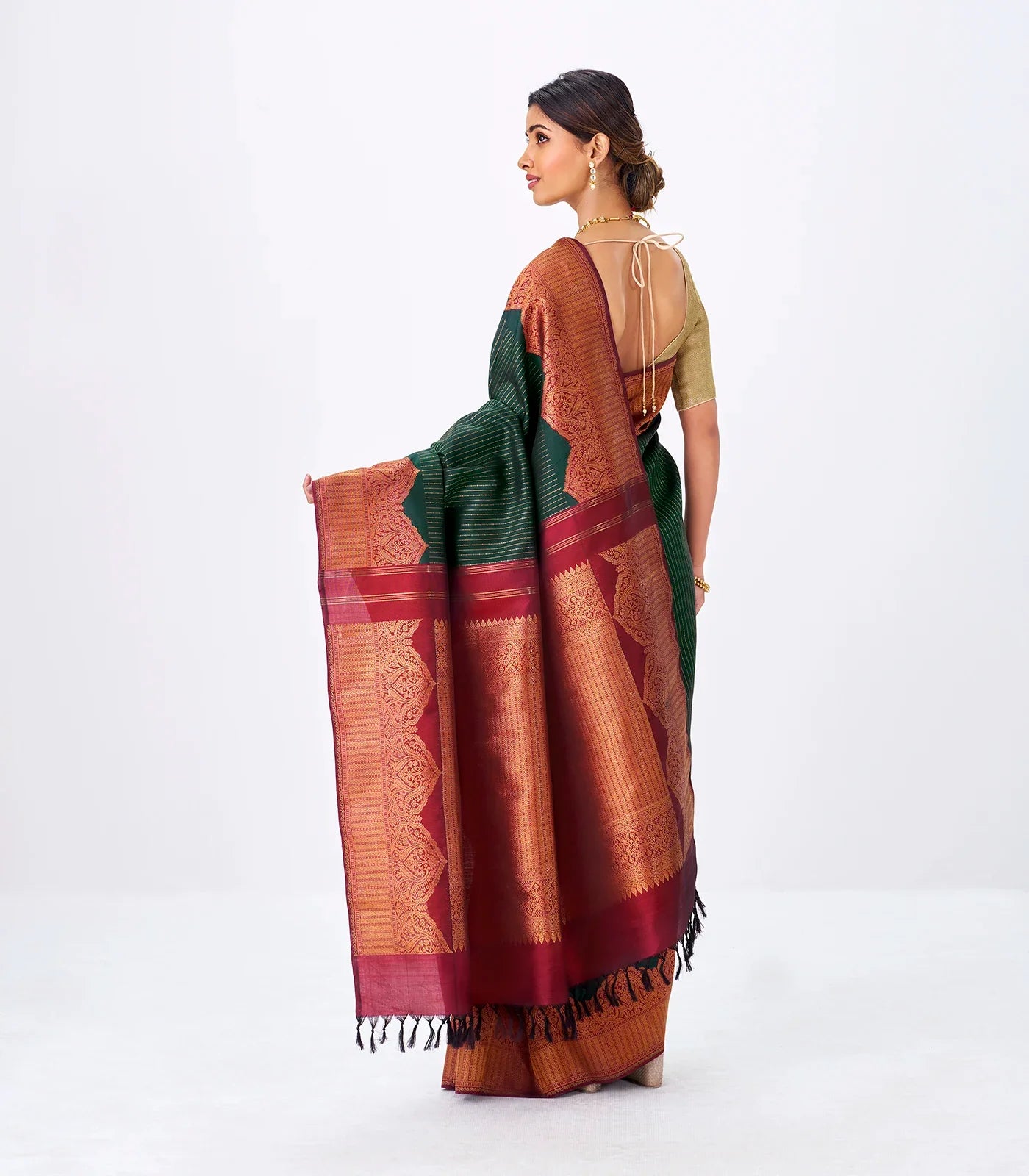 Bottle Green Handloom Kanchipuram Korvai Silk Saree With Zari Stripes