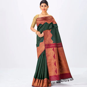 Bottle Green Handloom Kanchipuram Korvai Silk Saree With Zari Stripes