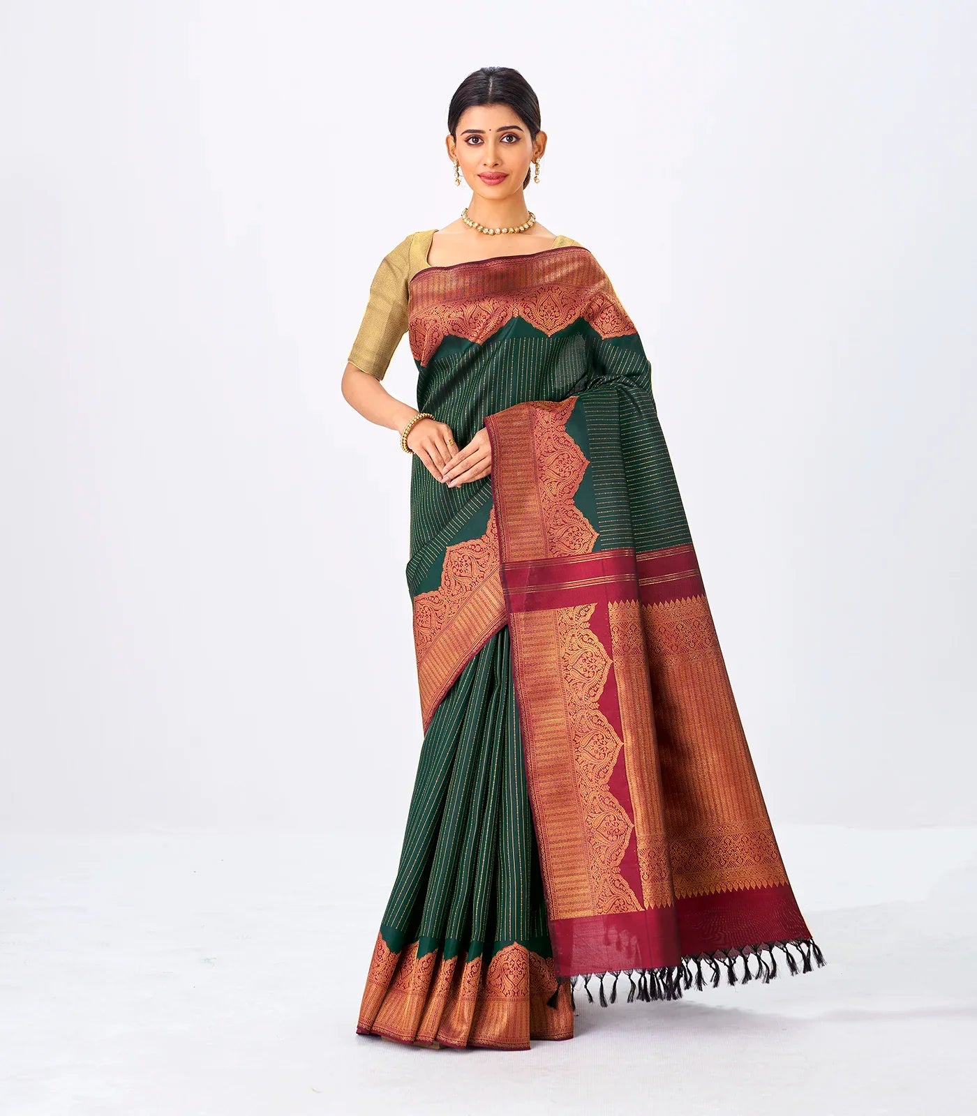 Bottle Green Handloom Kanchipuram Korvai Silk Saree With Zari Stripes