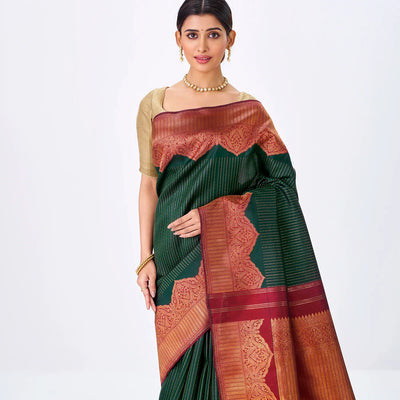 Bottle Green Handloom Kanchipuram Korvai Silk Saree With Zari Stripes
