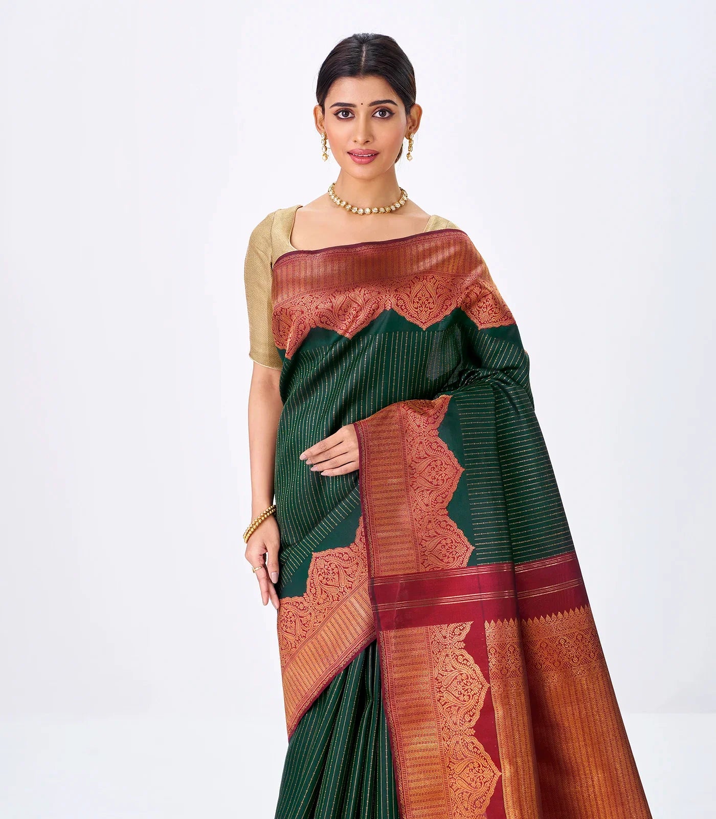 Bottle Green Handloom Kanchipuram Korvai Silk Saree With Zari Stripes