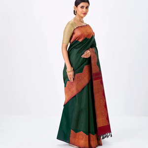 Bottle Green Handloom Kanchipuram Korvai Silk Saree With Zari Stripes