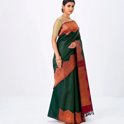 Bottle Green Handloom Kanchipuram Korvai Silk Saree With Zari Stripes