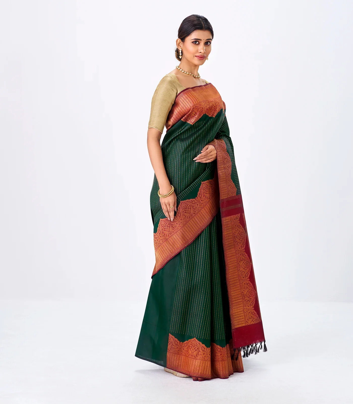 Bottle Green Handloom Kanchipuram Korvai Silk Saree With Zari Stripes