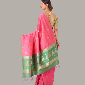Bubble-gum Pink Handloom Banarasi Silk Saree With Bird Buttas