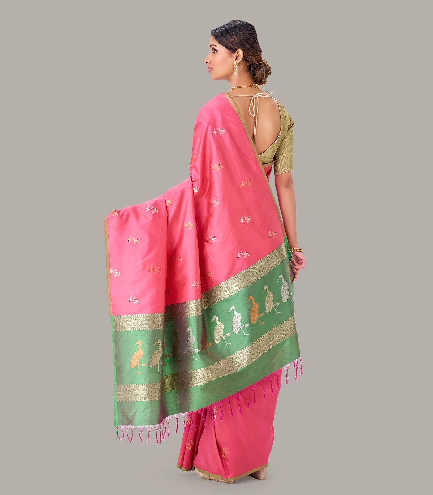 Bubble-gum Pink Handloom Banarasi Silk Saree With Bird Buttas