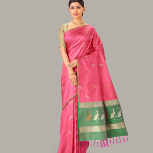 Bubble-gum Pink Handloom Banarasi Silk Saree With Bird Buttas