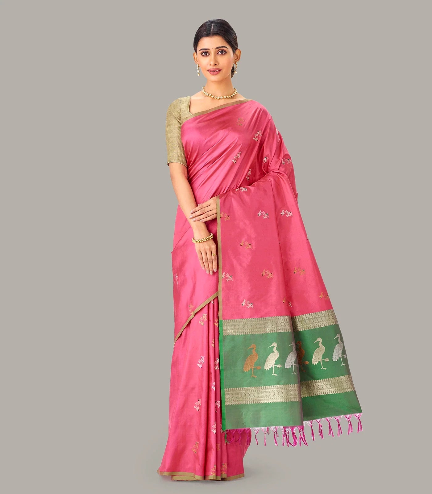 Bubble-gum Pink Handloom Banarasi Silk Saree With Bird Buttas