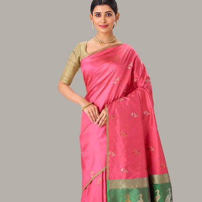 Bubble-gum Pink Handloom Banarasi Silk Saree With Bird Buttas