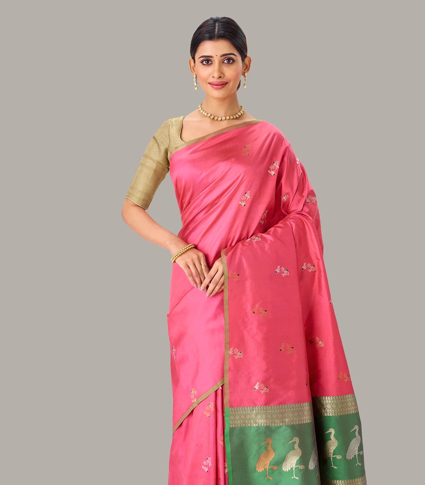 Bubble-gum Pink Handloom Banarasi Silk Saree With Bird Buttas