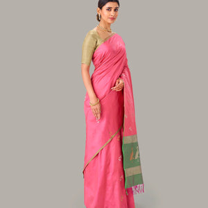 Bubble-gum Pink Handloom Banarasi Silk Saree With Bird Buttas