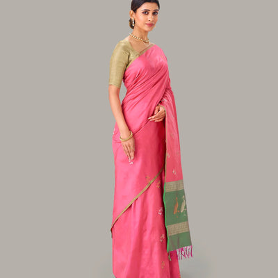 Bubble-gum Pink Handloom Banarasi Silk Saree With Bird Buttas